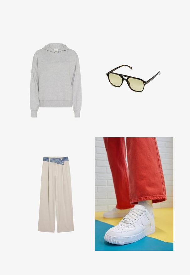 Kaffe - Bluza z kapturem; Biała koszulka z krótkim rękawem wykonana z miękkiego materiału. Posiada okrągły dekolt oraz prosty, minimalistyczny design z prostym dołem.; Jasnobeżowe szerokie spodnie z denimu w talii, z dwoma guzikami i plisowanymi detalami z przodu. Gładka tekstura i luźny krój.; Białe skórzane sneakersy z perforowanym czubkiem, teksturowaną podeszwą i białymi sznurowadłami, w połączeniu z szerokimi czerwonymi spodniami na niebiesko-żółtym tle.; Słoneczne okulary w kratkę w kształcie prostokąta, z soczewkami w zielonym odcieniu i wzorzystymi ramkami z acetatu. Posiadają metalowe akcenty w pobliżu soczewek.; Żółta torebka z lakierowanej skóry o strukturalnym kształcie, z rękojeścią u góry i zapięciem na zatrzask z okrągłym metalowym akcentem w postaci logo.