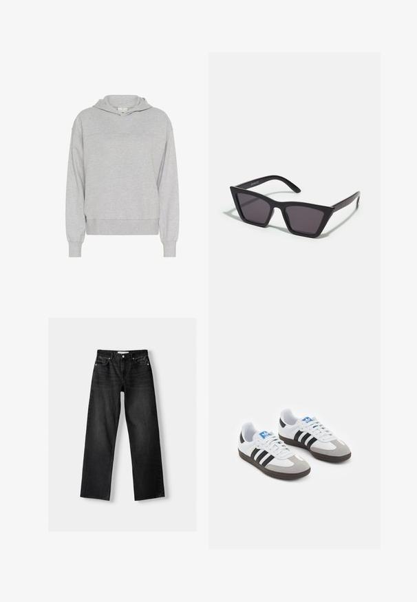 Kaffe LIV - Hoodie - grey melange; Bershka Straight leg jeans - mottled dark grey; Sport shoes with a white leather upper, gray suede toe, and three black stripes. Features a blue logo on the tongue and a textured rubber sole.; Black, angular sunglasses with gray lenses; made of plastic, featuring thick arms with a smooth surface and no visible hardware.