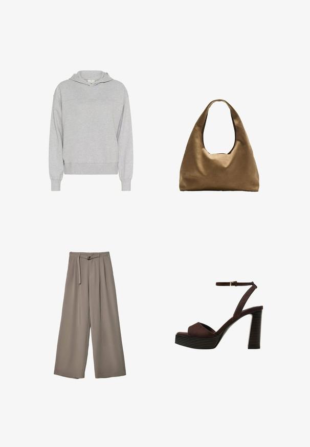 Kaffe LIV - Kapuzenpullover - grey melange; Weite Hose aus einem weichen, gedämpften grauen Stoff, mit einem taillierten Bund und Falten für zusätzliche Design-Details. Glatte Textur, keine Muster.; Braune Wildleder-Pumps mit offenem Zeh, verstellbarem Knöchelriemen und gestreiftem Plateausohlen.; Braune Stoffschultertasche mit einem breiten, runden Körper und einem großen Ausschnittgriff. Sanfte Textur, minimalistisches Design und keine sichtbaren Beschläge.