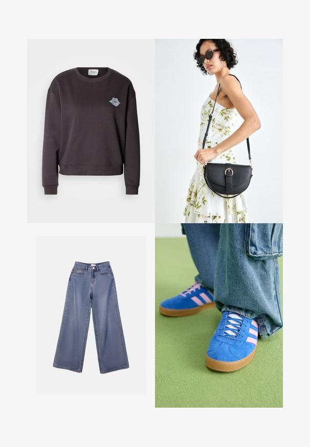 Bluză sport de culoare gri închis, cu decolteu rotund și mâneci lungi, având un model subtil cu buze brodate pe partea stângă a pieptului. Textură moale.; Jeans din denim cu picioare largi într-o nuanță de albastru deschis, având talie înaltă, buzunare frontale și închidere cu nasture și bucle pentru curea.; Pantofi din piele întoarsă albaștri cu dungi roz și șireturi albe, având o talpă din cauciuc gumat, asortați cu pantaloni din denim largi pe o suprafață verde.; Geantă din piele neagră, cu o formă curbată, curea detașabilă și accesorii aurii. Geanta are un capac cu un detaliu tip cataramă.