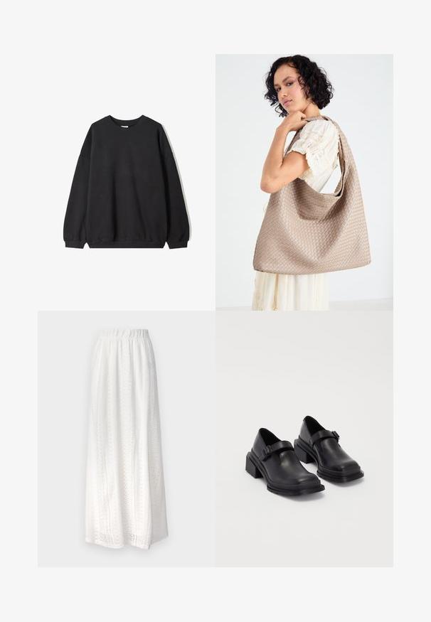 Hanorac negru oversized cu guler rotund și mâneci lungi, expus pe un fundal alb. Design simplu și casual.; Fustă maxi albă dintr-un material texturat, cu modele decupate, talie elastică și design fluid.; Pantofi din piele neagră cu vârf rotunjit, talpă plată și o curea cu detaliu de cataramă. Toc gros pentru o stabilitate suplimentară.; Geantă țesută bej cu un design relaxat și o curea de umăr. Prezintă un model texturat pe întreaga suprafață.