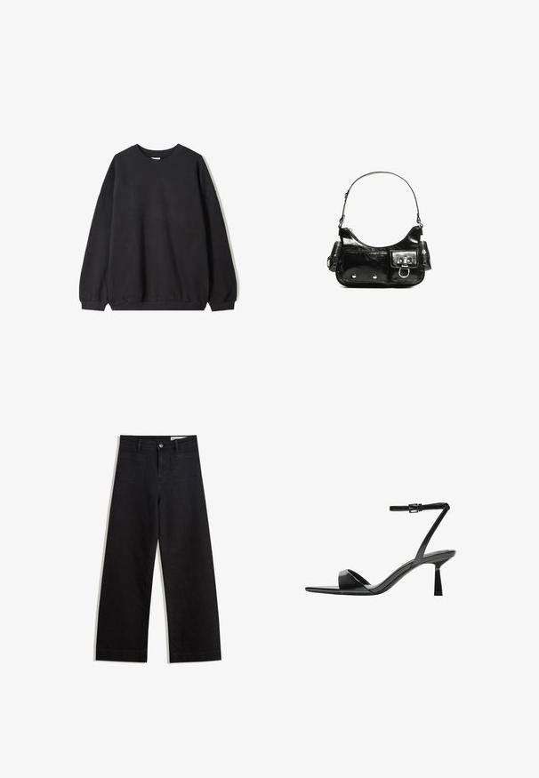 Černá oversized mikina s kulatým výstřihem a dlouhými rukávy, umístěná na bílém pozadí. Jednoduchý a neformální design.; Černé denimové kalhoty s volným střihem a vysokým pasem, vybavené předními a zadními kapsami, prošívanými švy a knoflíkovým zapínáním. Hladká textura.; Bershka Sandály na vysokém podpatku - black; Černá lakovaná kožená kabelka s křivkovým tvarem, jedním ramenním popruhem, předními kapsami a stříbrnými kovovými detaily.