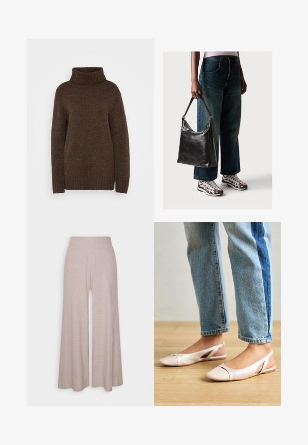 Brun strikkegenser med høy ribbestrikket høy hals, løs passform og teksturert stoff som har subtile, flerfargede prikker gjennom hele.; Lys grå vide ben bukser laget av mykt, ribbestrikket stoff, med høy midje og hel lange ben med subtil tekstur.; Lys rosa slingback leiligheter med spiss tå, laget av et glatt, læraktig materiale. Har utskjæringer på sidene og lav hæl.; Sort skinnveske med en glatt tekstur og justerbar stropp, kombinert med falmede vide jeans og atletiske sneakers.