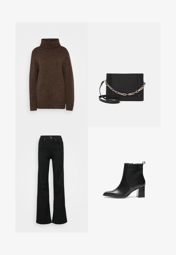 Suéter de malha castanho com um gola alta canelada, corte largo e tecido texturizado com pequenas marcas multicoloridas em todo o lado.; Jeans ajustados pretos em denim, com cintura alta, cinco bolsos e fecho de botão metálico. Textura suave com detalhes mínimos.; Bota de tornozelo em pele preta com bico arredondado, um salto bloco de altura média e uma aba de puxar na parte de trás. Textura suave, design minimalista.; Bolsa crossbody de couro preto com uma textura suave, forma retangular e um detalhe em corrente metálica na frente. Inclui uma alça ajustável.