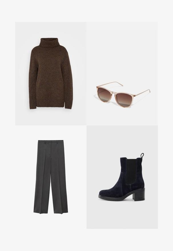 Brauner Strickpullover mit hohem, geripptem Rollkragen, lockerer Passform und strukturiertem Stoff mit subtilen, multicoloren Sprenkeln.; Grau breite Hosen mit glatter Textur, gefaltetem Bund und Gürtelschlaufen. Hergestellt aus einem leichten, gewebten Stoff.; Schnürstiefelette aus dunkelblauem Wildleder mit elastischem Seitenpanel, runder Spitze und Blockabsatz. Das strukturierte Material und die glatte Sohle sorgen für Kontrast.; Braune Farbverlauf-Sonnenbrille mit einem durchscheinenden rosa Rahmen, quadratischer Form und dünnen Metallbügeln. Verfügt über abgerundete Kanten und minimale Details.