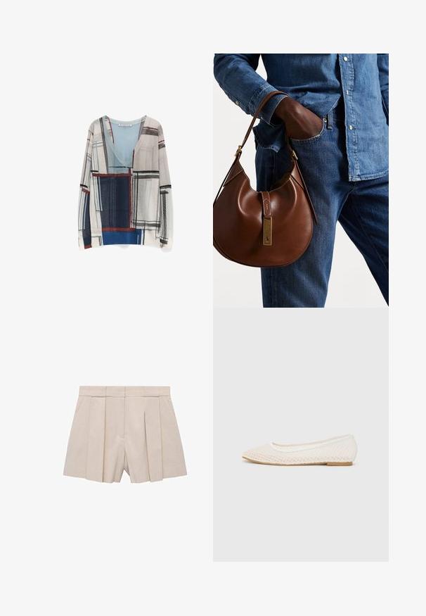 Pull léger à col en V, avec un motif géométrique multicolore en gris, bleu et rouge, et des manches longues. Texture douce.; Shorts beige plissés au design ajusté, avec une taille haute et une texture lisse. Quatre plis à l'avant créent du volume. Pas de poches.; Chaussure plate blanche avec un design en maille, un bout pointu et une semelle basse et plate. Tige texturée avec une doublure lisse et une bordure de contraste subtile.; Sac en cuir marron de style hobo avec une forme arrondie, mettant en avant un accent en métal doré et des coutures contrastantes. Assorti à une chemise en denim et un jean.
