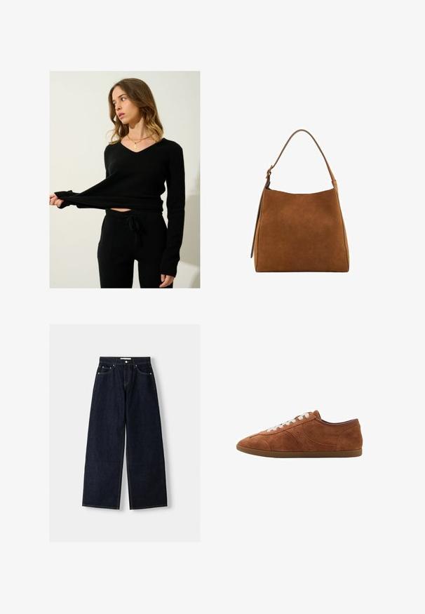 Mustapaita, jossa on V-pääntie ja pitkät hihat, yhdistettynä matching-mustiin neulottuihin housuihin, joissa on nauhavyötärö ja sivutaskut.; Siniraitaiset sinivalkoiset pitkähihaiset nappipaidat, joissa on levitetty kaulus, istuva mitoitus ja kaareva helma. Kankainen puuvillamateriaali.; Tummansiniset farkut, joissa on leveät lahkeet ja korkea vyötärö, viisi taskua, kontrastiväriset saumat ja hopeiset metalliosat. Sileä pinta ja siisti viimeistely.; Ruskeaa mokkanahkasnekkareita, joissa on valkoiset nauhat, pyöreä kärki ja teksturoituja yksityiskohtia. Varustettu matalalla profiililla ja kumipohjalla, jossa on sileä pinta.; Ruskea mokkasiininen olkalaukku kaarevalla ylhäällä, yhdellä hihnalla ja sileällä pinnalla. Ominaisuuksiin kuuluu minimalistinen muotoilu ja puhtaat linjat.