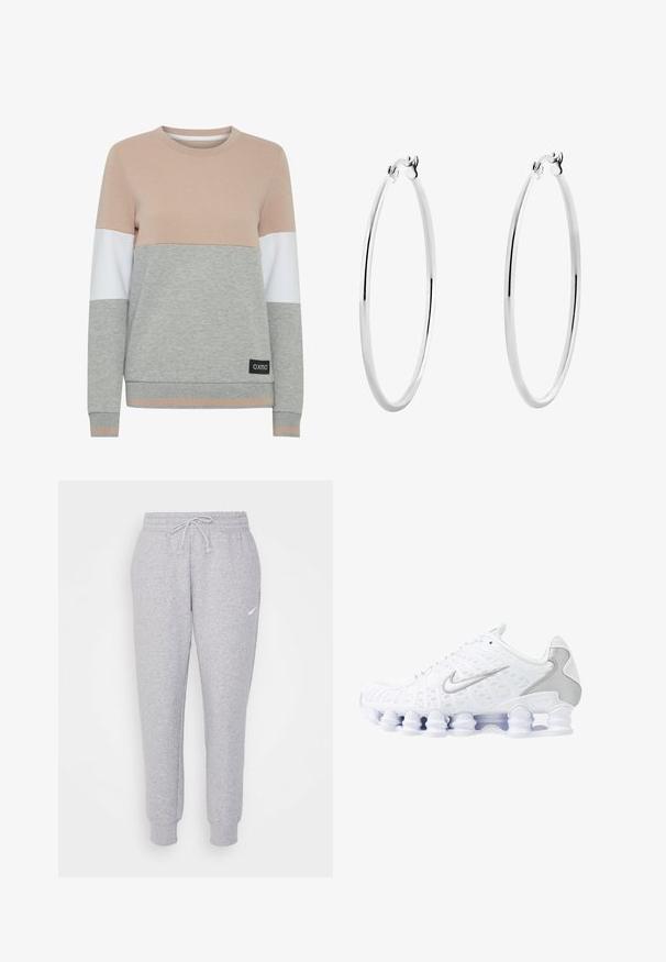 Lett sweatshirt med fargeblokkeringsdesign i blush, hvit og grå. Ribbestrikket hals og mansjetter, med et svart merkebånd i sømmen.; Lysegrå collegebukser med snor i livet, smalnede ben og en liten hvit logo på venstre lår. Laget av et mykt, teksturert stoff.; Hvite sportsko med mesh-overdel, sølvfargede detaljer og et unikt spiral såle-design. Har polstret krage og snøring for tilpasning.; Sølv ringøredobber med en glatt, polert overflate og en tynn, sirkulær form. Designet har en sikker clasp.