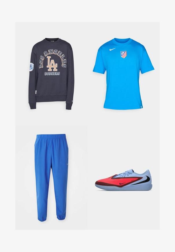Sudadera azul marino con "LOS ANGELES DODGERS" y el logo "LA" bordados en beige y blanco. Puños y dobladillo de canalé, material suave de algodón.; Camisa de algodón azul con cuello redondo, mangas cortas y un parche de logotipo con un diseño de escudo en rojo, blanco y azul.; Pantalones deportivos azules con cintura elástica, diseño de pierna recta y puños ceñidos. Presenta el logo de Nike en dorado en el lado izquierdo.; Zapatilla deportiva Nike con parte superior azul, acentos rojos, un diseño texturizado y un logo negro. Suela de goma con un agarre con patrón.
