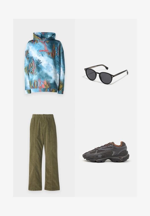 Felpa con cappuccio caratterizzata da un motivo astratto blu e multicolore. Tessuto morbido, polsini e orlo elastici, con design del testo rosso.; Pantaloni in corda verde oliva con design a gamba larga, vita elastica e dettaglio di cucitura visibile lungo i lati.; Sneaker Lacoste grigie scure in materiale mesh e sintetico, con suola testurizzata e dettagli marroni sul colletto e sul branding.; BOSS Occhiali da sole - black