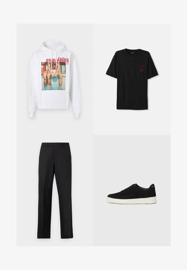 Witte hoodie met een voorkantafdruk van twee zittende figuren bij een zwembad. Het ontwerp bevat rode tekst met merk- en artiestgegevens.; Zwarte katoenen t-shirt met korte mouwen, met een rood geborduurd hartdesign op de linkerkant van de borst. Klassieke ronde hals, relaxed fit.; Zwarte, rechte broek van gladde stof. Voorzien van een standaard tailleband en geen zichtbare patronen of accenten.; Zwarte suède sneakers met vetersluiting en contrasterende witte rubberen zool. Voorzien van textuurpanelen aan de zijkanten en subtiele branding op de hiel.