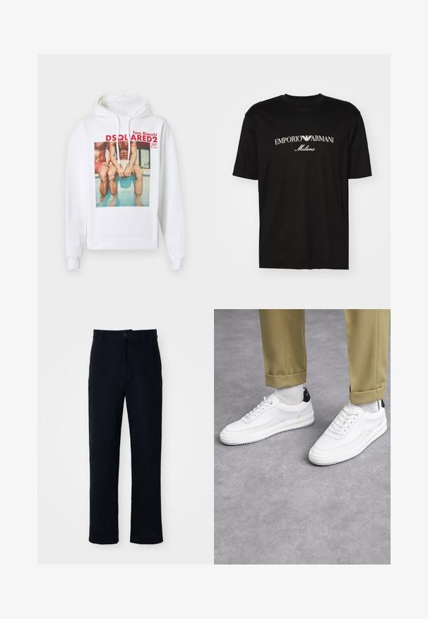 Sweat à capuche blanc avec un imprimé graphique à l'avant représentant deux personnages assis au bord d'une piscine. Le design comprend un texte rouge indiquant la marque et les détails de l'artiste.; T-shirt en coton noir avec un col rond, des manches courtes et le logo "EMPORIO ARMANI" en blanc au-dessus de "Milano" dans un design incurvé.; Pantalon bleu marine en coton, avec une coupe droite, une fermeture à bouton à l'avant et une taille classique avec passants de ceinture.; Baskets blanches avec une finition en cuir texturé, bout arrondi et accent noir au talon. Semelle en caoutchouc avec un petit motif de sculpture et des détails cousus.