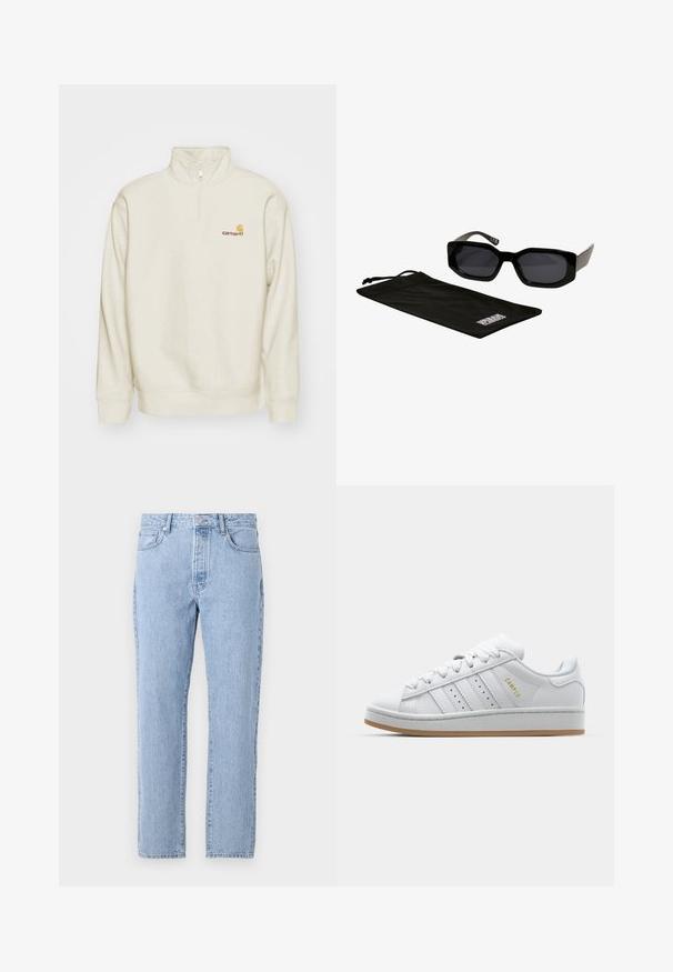 Krējuma krāsas pusēdējo sporta krekls ar augstu apkakli, kabatas zīlīti un ribota kakla un roku aproces. Uz krūšu ir neliels oranžs un sarkans logo.; Balts kokvilnas T-krekls ar īsām piedurknēm, apaļu kakla izgriezumu un brīvu piegriezumu. Gluda tekstūra bez redzamām rakstu vai akcentu detaļām.; Gai zila džinsu bikses ar taisnu kāju dizainu, piecām kabatām un pogu aizdari. Mīksta tekstūra ar klasisku izsistumu.; Baltie balti sneki ar perforētu trīs svītru dizainu, teksturētām akcentēm, gumijas zoli un zelta "CAMPUS" logo sānos.; Melnas saulesbrilles ar stūra, pārāk lieliem rāmiem un tumšiem stikliem, kopā ar melnu mikrošķiedras somiņu ar logotipu.