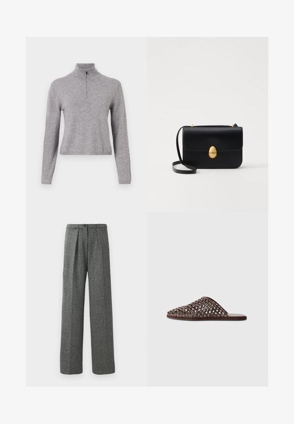 Pilkas mezginys su aukštu apykakle ir priekiniais užtrauktuku. Turi ilgus rankovės ir šiek tiek sutrumpintą ilgį. Lygus tekstūra ir raukšlėta apdaila.; Pilki aukšto liemens plačios kelnės su priekinėmis raukšlėmis, mygtukų uždarymu ir tekstūruotu audiniu.; Rudos pynimo dizaino šlepečiai su apvaliu priekiu, atvira struktūra, plokščiu padu ir tekstūruota paviršiumi. Lengvas audinys ir minimalistiška siluetas.; Juodas odinis rankinukas su struktūrine stačiakampio forma. Yra auksinė ovali sagtis ir plona petneša. Glotni tekstūra.