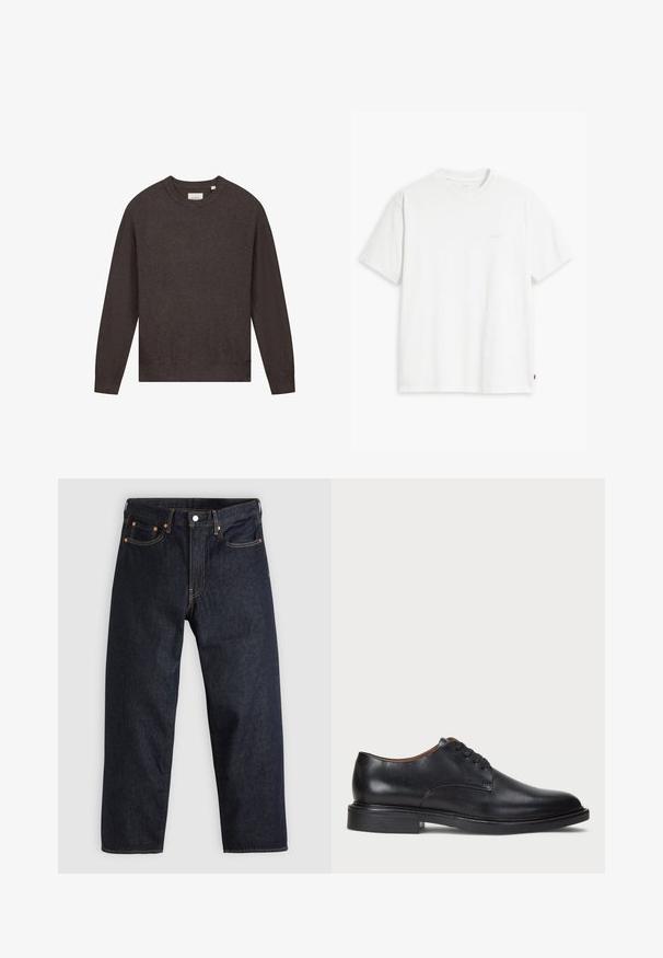 Échec de la génération de texte alternatif; T-shirt en coton blanc à manches courtes, col rond, avec un logo Levi's discret imprimé au centre. Texture douce et coupe standard.; Jean en denim bleu foncé avec une coupe droite, cinq poches, des coutures orange contrastantes et une fermeture à boutons. Pas de motifs ou d'ornements visibles.; Chaussure de ville en cuir noir avec un bout rond, un laçage et un petit talon empilé. Texture lisse avec des détails de couture minimaux.