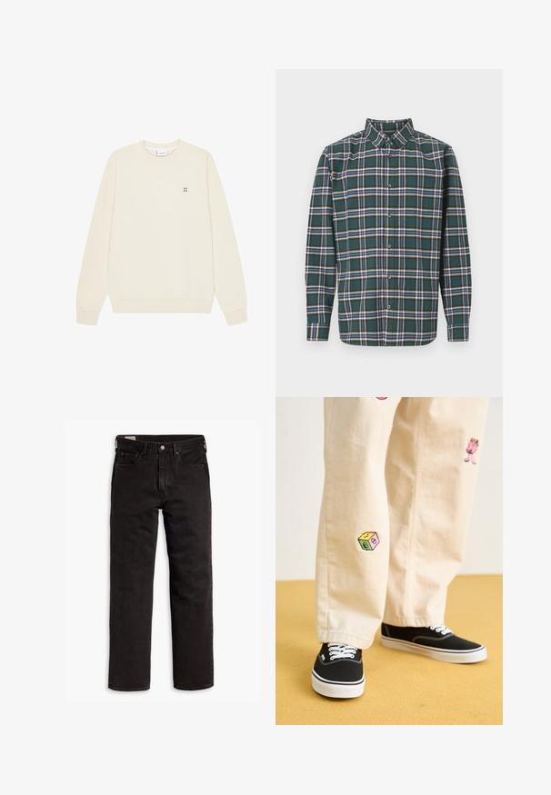 Sweat-shirt crème à manches longues, poignets et ourlet côtelés, col rond, et broderie verte discrète "II" sur la poitrine.; Chemise en flanelle verte avec un motif à carreaux comportant des lignes bleues, blanches et moutarde. Devant boutonné et col pointu. Manches longues.; Jean en denim noir à jambes droites avec cinq poches, fermeture à bouton et passants de ceinture, posés à plat sur un fond blanc.; Pantalon en coton beige avec des motifs brodés ludiques, incluant un personnage rose et un bloc de couleur, associé à des baskets noires à lacets.