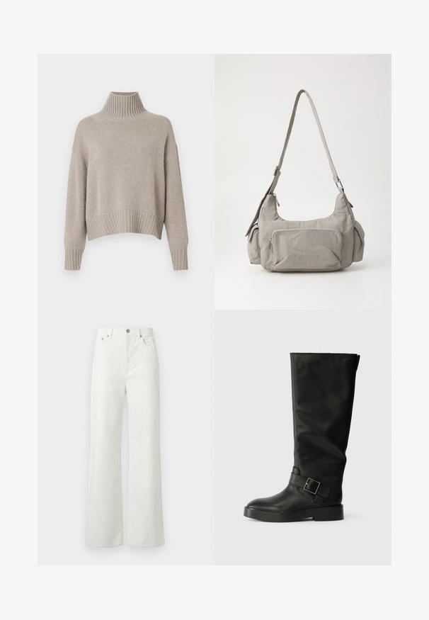 Bežs adīts džemperis ar augstu ribotā apkakli, kritušām plecu daļām un ribotu apakšmalu, demonstrējot maigu faktūru un brīvu piegriezumu.; Melna īsām piedurknēm T-kreklu, kas izgatavots no mīksta kokvilnas, ar apļveida kakla izgriezumu, brīvu piegriezumu un gludu tekstūru. Nav redzamu rakstu vai grafikas.; Samsøe Samsøe SHELLY - Brīva piegriezuma džinsi - clear cream; Melnas līdz ceļiem augstas kurpes, izgatavotas no gludas ādas, ar noapaļotu purngali, biezu zoli un horizontālu siksnu ar taisnstūra sprādzi.; Pelēka auduma plecu soma ar divām sānu kabatām, priekšējo rāvējslēdzēja kabatu un plašu regulējamu siksnu. Vienkāršs, funkcionāls dizains.