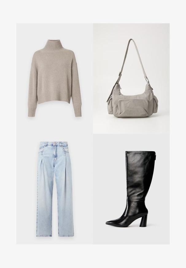 Bežinis megztinis su aukštu iškeltu apykakle, kritinėmis rankovėmis ir iškilusiais kraštais, išsiskiriantis švelnia tekstūra ir laisvu siluetu.; Šviesiai mėlyni džinsai su aukštu liemeniu, plačiomis kojomis, dviem šoninėmis kišenėmis ir raukinių dizainu. Minkšta tekstūra su nudilusia apdaila.; Juodai odiniai aukštakulniai batai iki kelių su smailiu nosimi, lygiu paviršiumi ir stambiu kulnu. Yra užtrauktuko detalė gale.; Pilkos audinės petinė rankinė su dviem šoninėmis kišenėmis, priekinėmis užtraukiamomis kišenėmis ir plačiu reguliuojamu diržu. Paprastas, funkcionalus dizainas.