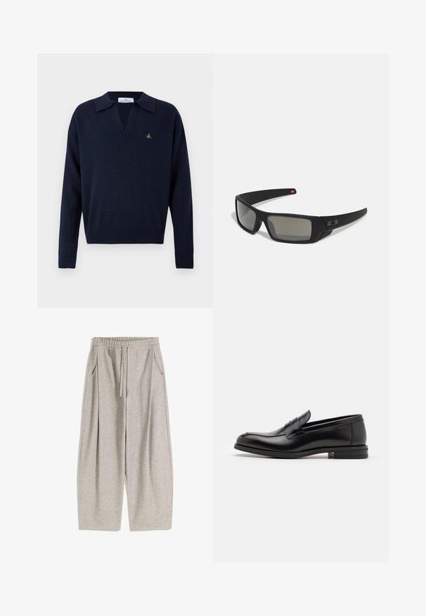 Marinblå långärmad stickad tröja med ribbade muddar och fåll, öppen krage och liten färgglad broderad logga på vänster bröst.; Ljusgrå sweatpants med elastisk midja, justerbar dragsko, två sidofickor och lösa, utsvängda ben. Mjuk textur, plisserad design.; Svarta läderloafers med en slät yta, rund tå och ett dekorativt band över främre delen. Låg staplad klack, minimalistisk design.; Svarta solglasögon med matt yta, rektangulära linser, lätt kurva vid skalmarna, diskret logotypdetalj och rökfärgade linser.