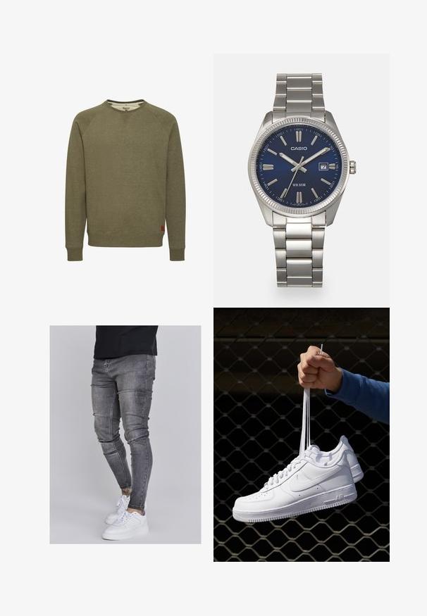 Olive green sweatshirt made of soft fabric, featuring a round neck, ribbed cuffs and hem, and a small red logo tag at the bottom left.; Skinny jeans in faded gray denim, featuring distressed details at the knees, paired with white sneakers. Smooth texture, slim fit design.; White leather sneakers with perforations, round toe, flat sole, and thick laces, featuring a visible swoosh logo and "AIR" on the heel.; Silver stainless steel wristwatch with a navy blue dial, metallic hour markers, and a date window at 3 o'clock. Water-resistant to 50 meters.