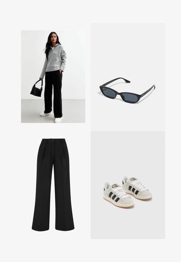 Grå räfflad tröja med halvmatchande krage, tillsammans med svarta vida byxor och vita sneakers. Håller en svart handväska.; Svarta vida byxor med framveck, tillverkade av en slät tyg. Har en knappstängning och en skräddarsydd design.; Grå mocka sneakers med vita snören, svarta ränder och en vit gummisula. Har en rund logo på tungan och en gummisula.; Svarta kattögon-solglasögon med mörka linser, plastbåge, smala skalmar och subtil branding på den inre armen. Matt yta.