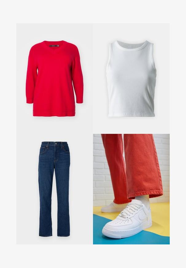 Suéter rojo de manga larga con escote en V, que presenta un corte relajado y puños acanalados, confeccionado en suave tejido de punto.; Top de tirantes blanco con textura acanalada, cuello redondo y diseño sin mangas, con un dobladillo recto y una textura suave y elástica.; Jeans de mezclilla azul oscuro con corte recto, diseño de cinco bolsillos, costuras en color naranja y cierre de botón en la cintura.; Zapatilla de cuero blanco con caja de dedos perforada, suela texturizada y cordones blancos, combinada con pantalones rojos amplios y un fondo azul y amarillo.