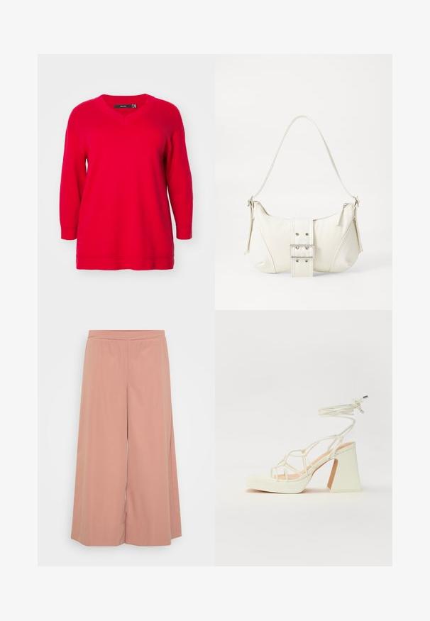 Rød langermet genser med V-hals, med en avslappet passform og ribbadde mansjetter, laget av mykt strikket stoff.; Rosa vide bukser laget av myk stoff, med elastisk midjebånd, glatt tekstur og en løs, flytende design.; Hvit høyhælte sandal med kraftig hæl, med en stroppe-design og ankelbånd. Glatt tekstur med plattform foran for ekstra høyde.; Hvit skulderveske med teksturert overflate, sentral spennefokus og buet form. Glidelåslukking på begge sider.