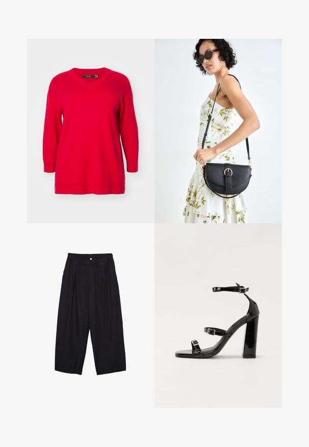 Pullover rosso a maniche lunghe con scollo a V, caratterizzato da una vestibilità comoda e polsini a coste, realizzato in morbido tessuto a maglia.; Pantaloni culotte neri in poliestere con una cintura elastica, due pieghe frontali e una silhouette ampia. Nessun motivo visibile o dettagli in metallo.; Sandali con tacco in vernice nera, con punta squadrata, cinturini alla caviglia e fibbie in argento. Presentano un tacco a blocco spesso per maggiore stabilità.; Borsa a tracolla nera in pelle con una forma curva, manico rimovibile e accessori dorati. La borsa presenta una patta con un dettaglio a fibbia.