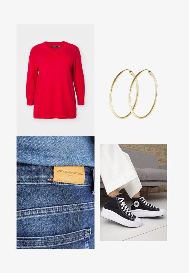 Raudonas ilgos rankovės megztinis su V formos iškirpte, pasižymintis laisvu siluetu ir banguotomis rankogaliais, pagamintas iš minkštos mezgimo medžiagos.; Mėlyni džinsai iš denimo, turintys rudą odinį etiketę su užrašu "ONLY CARMKOMA Denim", matomomis siūlėmis ir šoniniu kišeniu.; Juodi kanvasiniai aukšti sportbačiai su baltais guminiais padu ir raišteliais. Šonuose yra apskritas logotipas ir ryški balta siūlė.; Aukso auskarai žiedai su lygia, apvali forma ir blizgiu paviršiumi. Lengva konstrukcija su saugiu užsegimu.
