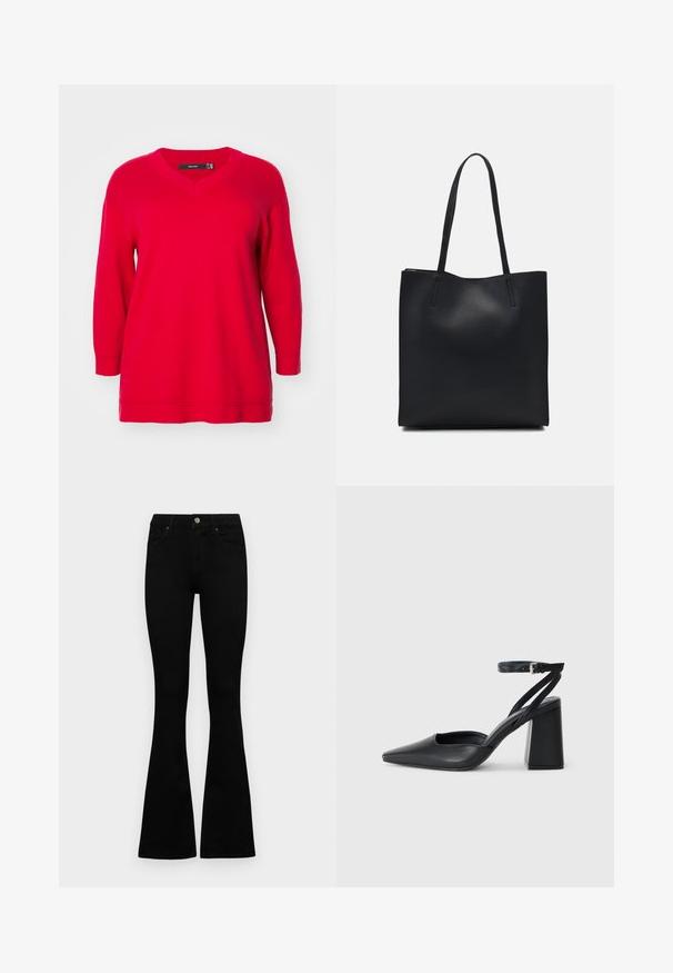 Red long-sleeve sweater with a V-neck, featuring a relaxed fit and ribbed cuffs, crafted from soft knit fabric.; Black high-waist jeans with a button and zip closure, front pockets, and flared legs laid flat on a white background.; Black leather pointy-toe pump with an ankle strap and a chunky heel. Flat texture, sleek design, and minimalistic aesthetics.; Black leather tote bag with smooth texture, rectangular shape, and two long handles. No visible hardware or embellishments.