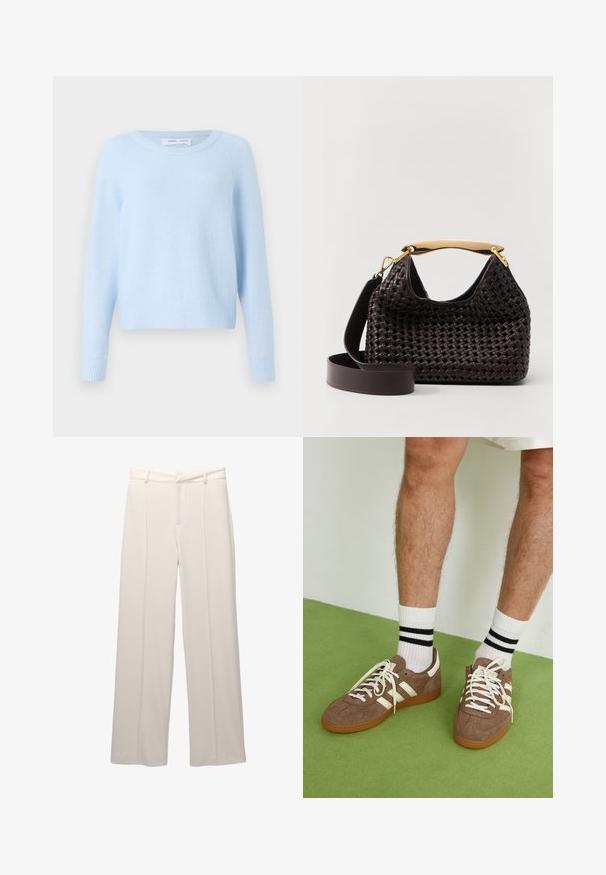 Helles, blaues Sweatshirt aus weichem Material, mit Rundhalsausschnitt, langen Ärmeln sowie gerippten Bündchen und Saum. Klassisches, kurzes Design.; Weite Hose aus leichtem beigen Stoff mit glatter Textur. Verfügt über einen gefütterten Taillenbund, vordere Falten und keine sichtbaren Taschen.; Braune Wildleder-Sneaker mit weißen Akzenten und Schnürsenkeln. Gummisohle in Kautschuk-Optik. Getragen mit weißen Socken, die schwarze Streifen haben. Grüner strukturierter Fußboden.; Elleme BOOMERANG WOVEN - Handtasche - brown