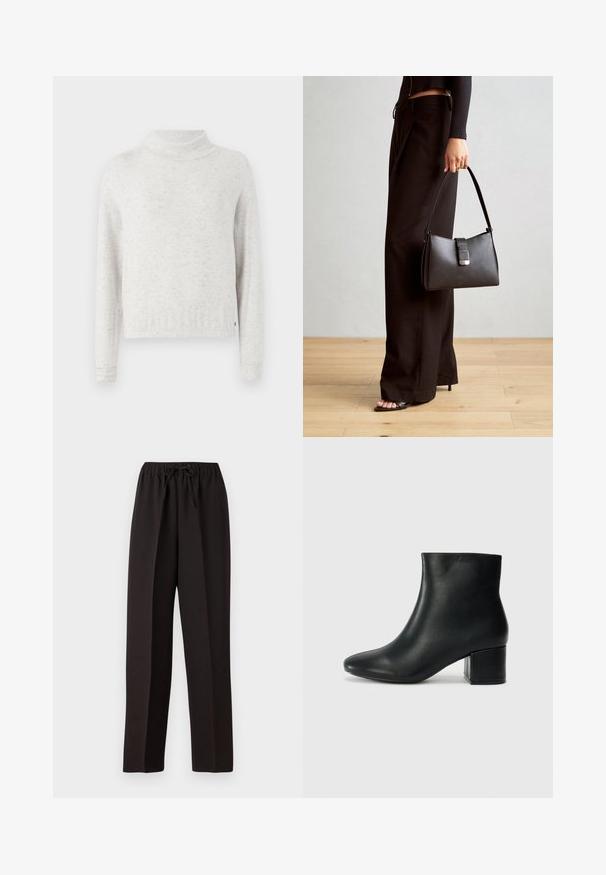 Svijetlosivi, točkasti pulover dugih rukava s opuštenim krojem i visokim, lagano preklopljenim izrezom.; Crne, široke hlače s elastičnom trakom u struku i podesivom vezicom. Napravljen od glatkog, laganog materijala bez vidljivih uzoraka.; Crne kožne čizme do članaka s uskim vrhom i debelim potplatom. Glatka tekstura s minimalnim detaljima i elegantan, prilagođen dizajn.; Crna torba s oblikom koji sadrži strukturu, glađu teksturu i metalnu kopču. Uparena s širokim crnim hlačama i sandalama na otvorenom s drvenog poda.