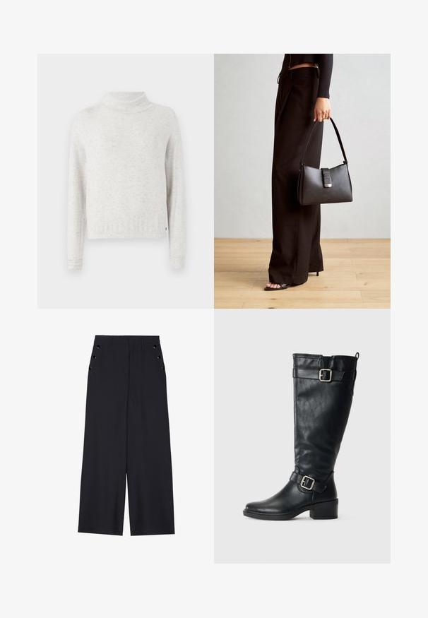 Gai pelēks plankumains ilgais piedurknes džemperis ar brīvu piegriezumu un augstu, nedaudz saliektu apkakli.; Platīsara bikses tumši zilā audumā, kurām ir gluda tekstūra, priekšējie kroki un dekoratīvi zeltaini acs pie sānu kabatām.; Augsta melna ādas zābaki ar zemu papēdi, dekoratīvām sprādzēm pie potītes un augšdaļas, kā arī vilkšanas cilpa aizmugurē.; Melnā somiņa ar strukturētu formu, gludu tekstūru un metālu sprādzi. Saskaņota ar platām melnām biksēm un sandālēm ar atvērtu purngalu uz koka grīdas.