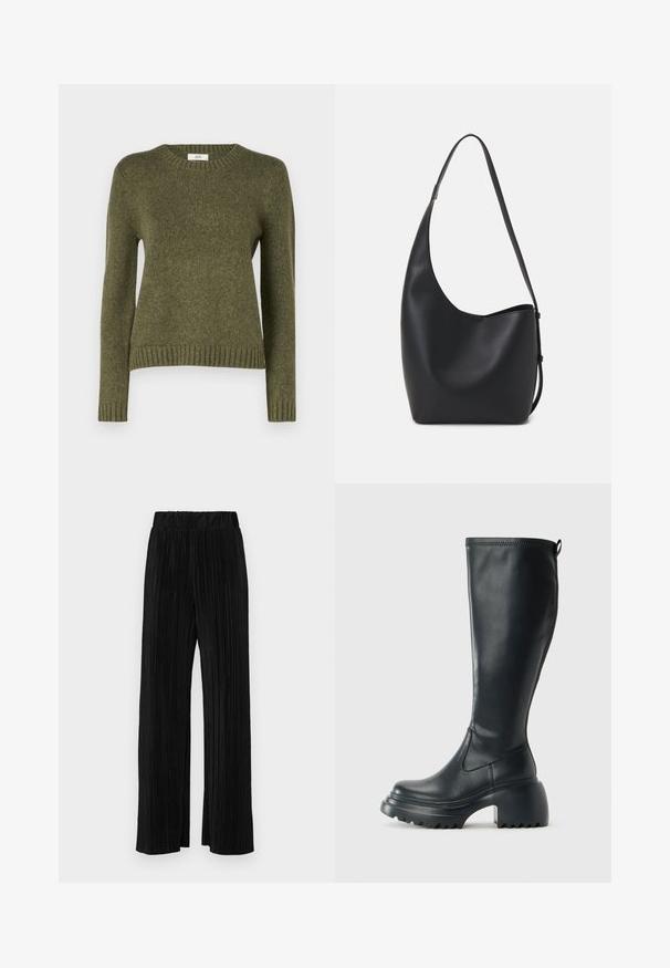 JDY JDYSILJA O-NECK - Maglione - winter moss; Pantaloni neri a plissé con vita elasticizzata. Presentano gamba ampia e un tessuto liscio e texture con strisce verticali.; Stivale lungo in pelle nera con suola piatta robusta e tacco a blocco, dotato di linguetta e battistrada testurizzato sulla suola.; Borsa hobo nera in pelle con una superficie liscia, forma curvata e una singola tracolla regolabile; presenta un'ampia apertura nella parte superiore.