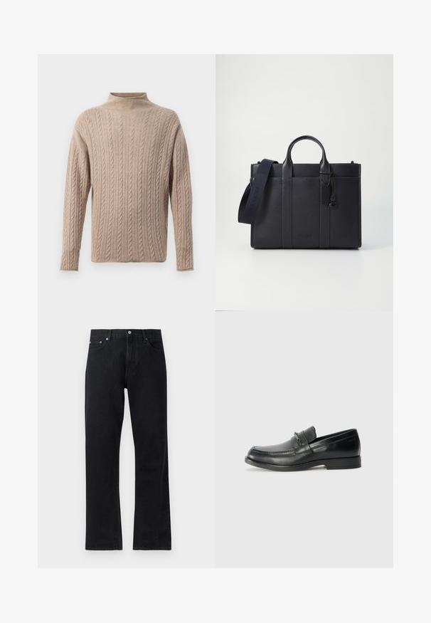 Beige Pullover mit Kabelstrickmuster, Stehkragen, langen Ärmeln, texturiertem Muster und Rippdetails an den Bündchen und dem Saum. Weiches, bequemes Material.; Schwarze Jeans aus Denim mit geradem Bein, ausgestattet mit einem Knopfverschluss, im Fünf-Taschen-Stil und dezenten Steppdetails.; Schwarze Lederloafers mit runder Zehenform, ausgestattet mit einem gesteppten Design, einem kleinen Frontriemen mit Hardware-Details und einer flachen Gummisohle.; Dunkelblaues Lederaktentasche mit doppelten oberen Griffen und einem abnehmbaren Gurt. Merkmale sind die strukturierte Oberfläche, vertikale Nähte und das Logo-Detail.