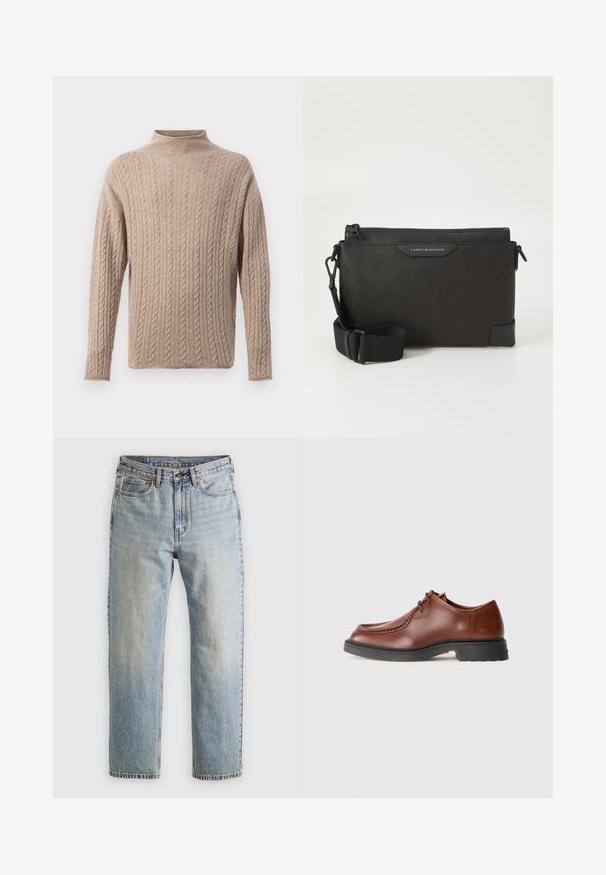 Bež pulover iz pletene tkanine z visokim ovratnikom, dolgimi rokavi, teksturiranim vzorcem in rebrastimi detajli na manšetah in robu. Mehka, udobna tkanina.; Svetlo modri džins hlače z visokim pasom, sprednjim gumbom, zadrgo in petimi žepi, laid flat na nevtralni podlagi.; Rjave usnjene oblečne čevlje z zaobljenim nosom, kontrastnim šivanjem, vezalnim dizajnom in teksturiranim črnim gumijastim podplatom.; Črna usnjena torba čez ramo z teksturirano površino, z zadrgo in prilagodljivim trakom. Znak na sprednji strani. Pravokotna oblika.