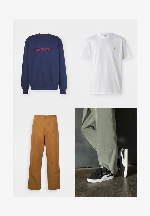 Mornarsko modra majica iz bombaža, z okroglo ovratnikom in rebrastimi manšetami, z rdečim vezenim logotipom "carhartt" čez prsa.; Bela bombažna majica s kratkimi rokavi, krožnim ovratnikom, z majhnim zlatim logotipom na levem prsnem predelu. Mehka tekstura in običajen kroj.; Brazdaste hlače iz bombaža z naravnim krojem in naravnim rezom, ki imajo sprednje žepe in kovinske dodatke za dodatno trdnost.; Črne semšaste športne copate z belimi gumijastimi podplati in stranskimi črtami, v kombinaciji s svetlo zelenimi cargo hlačami, ki stojijo na teksturirani temni površini.