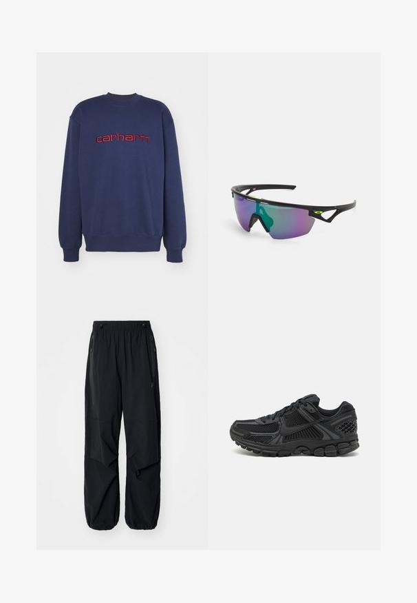 Tumesinine puuvillane sviiter, ümara kaelusega ja ribadega varrukatega, mille rinnal on punaselt tikitud "carhartt" logo.; Mustad mustad cargo püksid elastse vöökoha, külgzippide ja avarate taskutega. Omab laia lõiget ja kitsenevaid sääreotsasid.; Musta spordijalats, millel on võrgust ülemine osa, kummist tallad ja tekstureeritud detailid. Disain sisaldab silmapaistvat lõngasüsteemi ja pehmendatud tallaid.; Spordiprillid musta raami, suur gradient objektiiv, mis sisaldab lillat ja rohelist tooni, ning nurkadega disainielemendid logode detailidega.