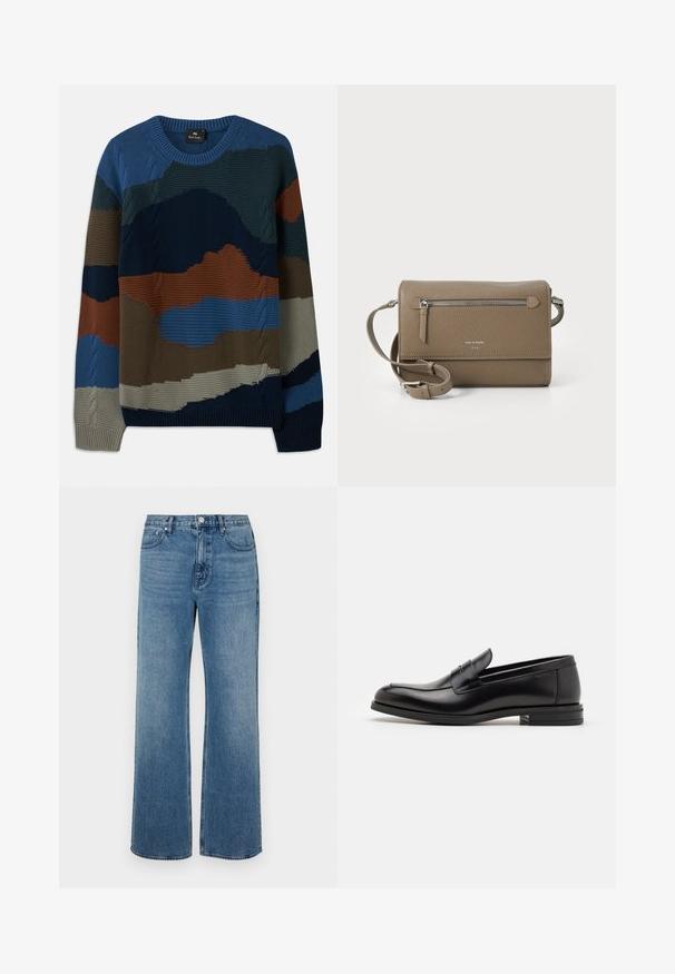 Strickpullover mit rundem Halsausschnitt und abwechslungsreichen strukturierten Mustern in Blau-, Grün-, Braun- und Grautönen sowie Kabelakzenten.; Weite blaue Jeans aus Denim mit einem verblassten Finish. Verfügt über fünf Taschen, einen Frontknopfverschluss und einen geraden Schnitt.; Schwarze Lederloafers mit glatter Textur, rundem Zehenbereich und einem dekorativen Riemen über dem Vorderfuß. Niedriger, gestapelter Absatz, minimalistisches Design.; Taupe Leder Umhängetasche mit einem Reißverschluss-Frontfach, verstellbarem Schulterriemen, Strukturleder und geprägt Logo auf der Vorderseite.