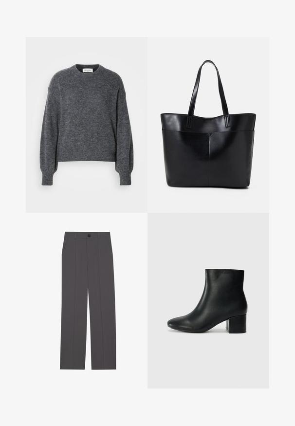Suéter cinza de lã com decote redondo, mangas longas e um corte ligeiramente cropped. Textura suave com um padrão de malha subtil.; Calças cinzas com um design de perna reta, apresentando dois bolsos laterais e um fecho de botão. Tecido suave sem padrões ou detalhes visíveis.; Botas de tornozelo em pele preta com bico pontiagudo e um salto robusto. Textura suave com acentos mínimos e um design ajustado e elegante.; Bolsa tote preta em couro com duas alças longas, textura suave e forma estruturada. Apresenta um bolso frontal para armazenamento adicional.
