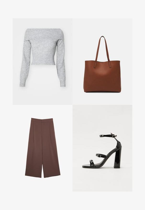 Weekday LOLO OFF SHOULDER - Svetrík - grey melange; Hnedé nohavice so širokými nohavicami a hladkou textúrou, s vysokým pásom a prednými skladmi. Tkanina je ľahká a voľne sa pohybuje.; Čierne lakované sandále na podpätku so štvorcovou špičkou, navlečenými remienkami okolo členku a striebornými prackami. Disponujú masívnym blokovým podpätkom pre stabilitu.; Hnedá kožená taška na rameno s hladkou textúrou, otvoreným vrchom a dvoma ramenými popruhmi. Má minimálne šitia a žiadne viditeľné kovania.