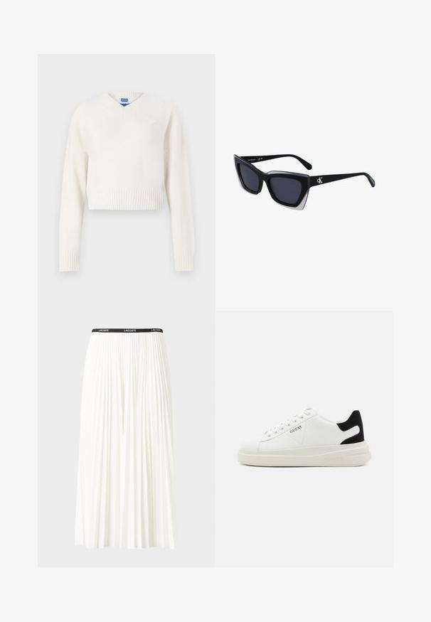 Pulover alb scurt, realizat dintr-un material tricotat moale. Are un decolteu în V, un tiv ribiș și un mic emblemă cu inimă pe pieptul stâng.; Fustă plisată albă cu un brâu elastic negru, având logo-ul "LACOSTE". Design de lungime medie, cu textură moale.; Adidași din piele albă cu o talpă groasă albă, accent de călcâi din suede negru și logo embosat pe lateral. Design cu șireturi și șase orificii.; Ochelari de soare supradimensionați, negri, cu o formă geometrică, având lentile întunecate și un detaliu gri contrastant pe ramă. Logo pe braț.