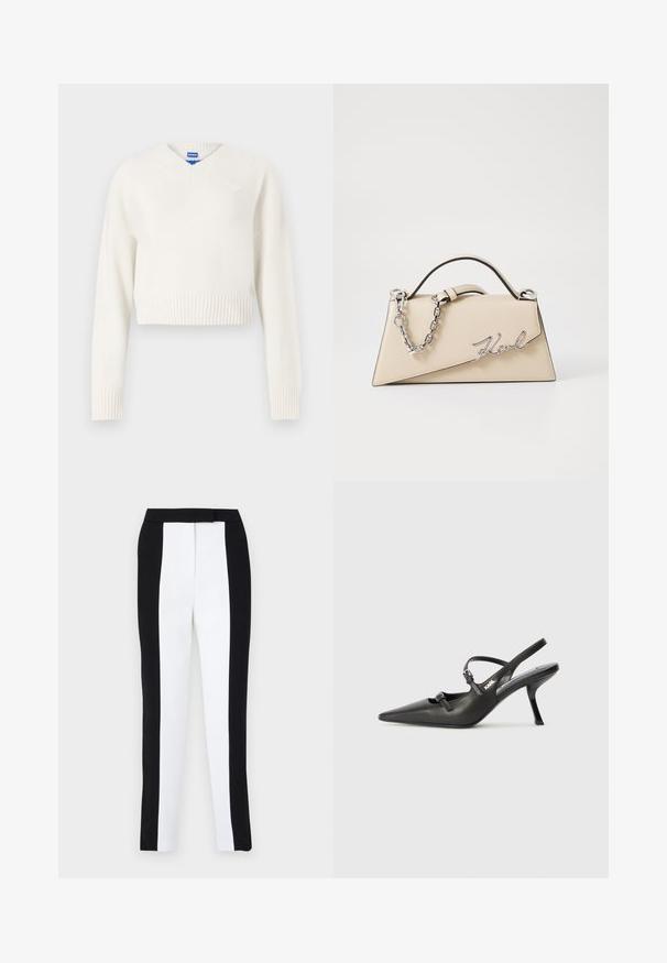 Bílý zkrácený svetr vyrobený z měkkého pleteného materiálu. Má výstřih do V, žebrovaný lem a malou srdíčkovou emblemu na levé hrudi.; Černé a bílé zúžené kalhoty v slim fit střihu s kontrastními panely. Materiál má hladkou texturu; pas je plochý a upnutý.; Černé kožené lodičky na boku s špičatou špičkou, štíhlým podpatkem a dekorativní přezkou na nártu. Hladká textura a elegantní design.; Béžová kožená kabelka se strukturovaným trojúhelníkovým tvarem, se stříbrným řetízkem a kovovým logem psaným kurzívou.