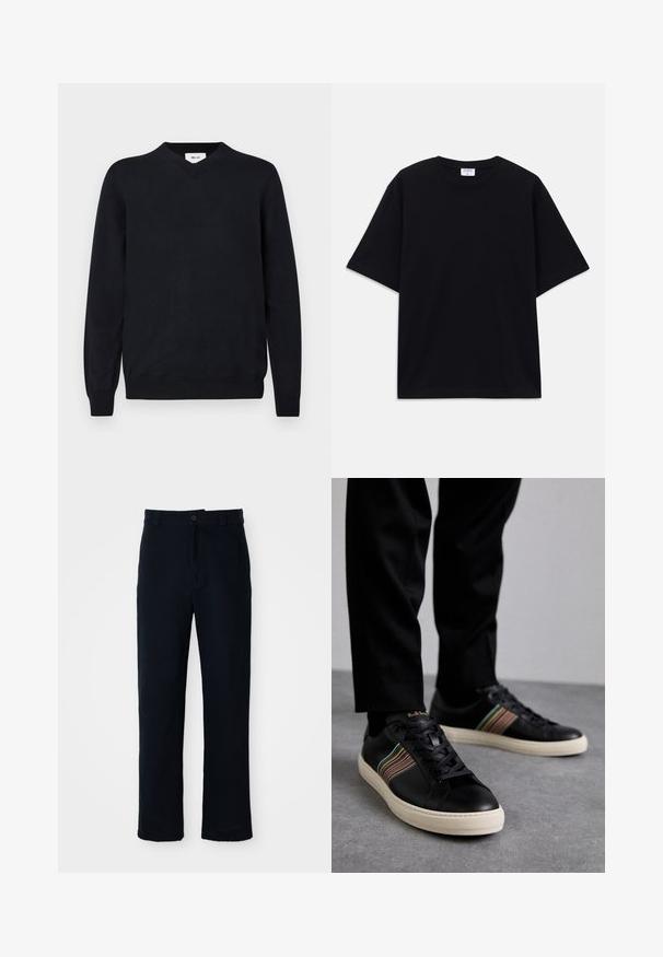 Mustat V-päätösknitti, joka on valmistettu pehmeästä materiaalista. Pitemmät hihat ja joustavat hihansuut ja helma. Minimalistinen muotoilu ilman näkyviä kuvioita.; Mustat lyhythihainen oversized T-paita, jossa on pyöreä kaula-aukko ja näkyvä Filippa K -tuotemerkki etiketti kauluksessa.; Tummansinisiä puuvillapantaloonia, joissa on suora lahjemuotoilu, etupainikekiinnitys ja klassinen vyötärö vyölenkeillä.; Mustat nahkakengät, joissa on moniväriset raidalliset yksityiskohdat, pyöreä kärki ja valkoiset kumipohjat. kengissä on nauhakiinnitys ja kohokuvioitu brändäys.