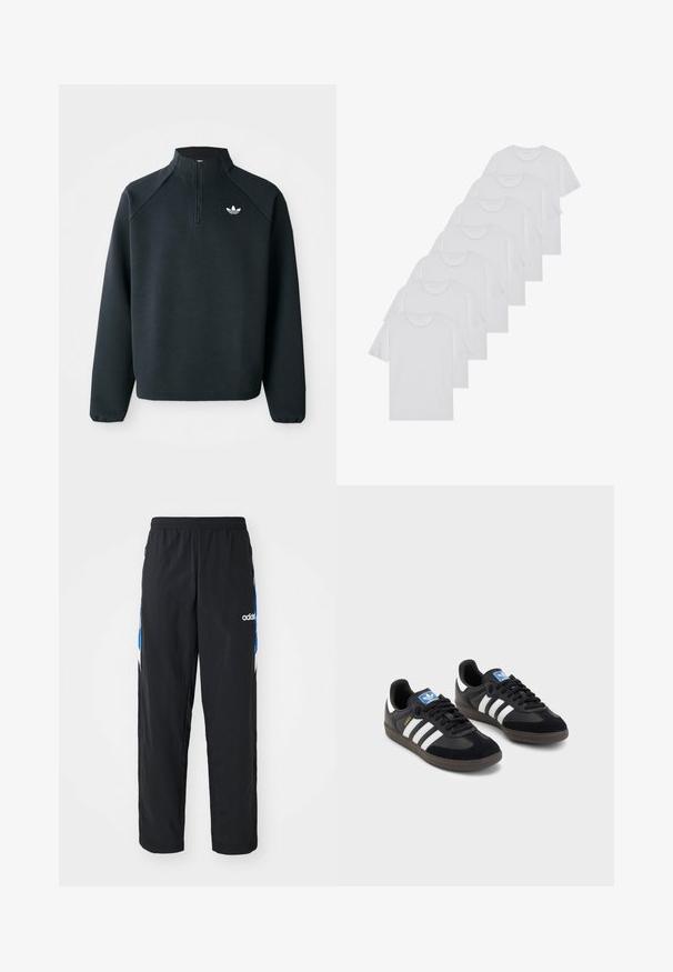 Sweatshirt preto com fecho de correr até ao peito, feito de um tecido suave, com mangas raglan e logótipo branco no peito. As mangas têm punhos elásticos.; T-shirts brancos de algodão, mangas curtas, design de gola redonda, com textura lisa, empilhados em fila, com uma marcação subtil na gola.; Calças de desporto pretas com cintura elástica, apresentando detalhes gráficos azuis e brancos nas laterais, e um logótipo bordado.; Sneakers pretos com parte superior em camurça e sintético, apresentando três riscas brancas, sola de borracha texturizada e etiqueta azul no linguete.