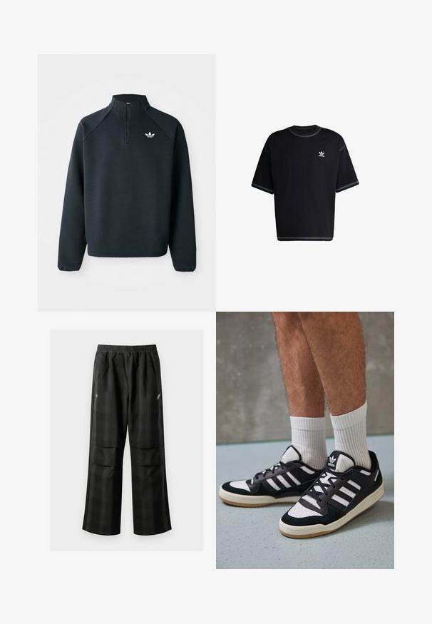 Zwarte kwart-zip sweatshirt gemaakt van zachte stof, met raglanmouwen en een wit logo op de borst. De manchet is elastisch.; Zwarte katoenen t-shirt met korte mouwen. Heeft een ronde hals en witte stiksels. Klein wit Adidas-logo op de linkerkant van de borst.; Zwarte geruite broek met een elastische tailleband, twee voorzakken en een losse pasvorm met een rechte pijpdesign. Gemaakt van lichtgewicht materiaal.; Zwart-witte sneakers met een bovenwerk van suede en leer, voorzien van drie witte strepen, een geperforeerde neus en een rubberen gumzool.