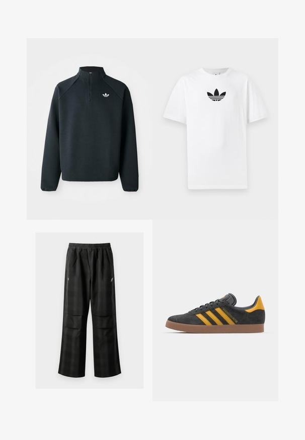 Melna puszipa mīksta auduma krekls ar raglan piedurknēm un balto logotipu uz krūtīm. Piedurknes ir elastīgas.; Balta kokvilnas T-kreklu ar melnu Adidas logo centrā. Īsas piedurknes un apaļas kakla izgriezums. Gluda tekstūra.; Melnas kvadrātveida bikses ar elastīgu jostu, divām priekšējām kabatām un brīvu piegriezumu ar taisnām kājām. Izgatavotas no viegla materiāla.; Melnas zamšādas kedas ar dzelteniem akcentiem, kurām ir trīs svītras un brūna gumijas zole. Iekļauta mīksta valkāšanas tongue komfortam.