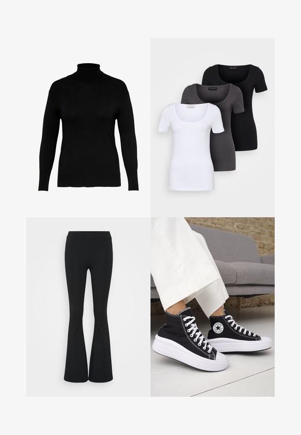 Črni turtleneck pulover iz mehkega pletenega materiala, z dolgimi rokavi in oprijeto obliko, z gladko teksturo in minimalnimi detajli.; Tri prilegla majica v beli, sivi in črni barvi. Vsaka ima širok izrez na vratu in kratke rokave. Narejene so iz gladkega, raztegljivega materiala.; Črne hlače s širokimi hlačnicami, izdelane iz raztegljive tkanine, z visokim pasom in gladko teksturo. Hlače se širijo od kolena navzdol.; Črni visoki supergi z belimi gumijastimi podplati in vezalkami. Na njih je okrogel logotip in kontrastno belo šivanje. Iz blaga platna.