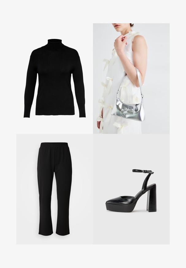 Musta pooli kaulusneule, joka on valmistettu pehmeästä neulekankaasta, pitkähihaisilla ja istuvalla leikkauksella. Neuleessa on sileä pinta ja minimaalinen yksityiskohtaisuus.; ONLY Carmakoma CARLAMA STRAIGHT - Housut - black; Mustat korkeat platform-kengät, joissa on terävä kärki ja säädettävä nilkkaremmi. Valmistettu sileästä nahasta ja varustettu paksulla lohkokorkeudella.; Harmaa metallinhohtoinen käsilaukku, jossa on jämäkkä muotoilu. Laukussa on yläkahva ja etuosassa kauniisti koristeena solmukkeen yksityiskohta. Pinnassa on sileä tekstuuri ja heijastava viimeistely.