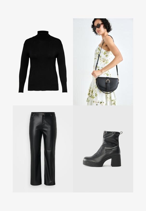 Melnā roll-neck džemperis, izgatavots no mīkstas adītas auduma, ar garām piedurknēm un pieguļošu formu, ar gludu tekstūru un minimālu dekoru.; Melnas mākslīgās ādas bikses ar taisnu griezumu, ar jostas cilpām, priekšpogu kabatām un rāvējslēdzēju ar pogu aizdari. Gluda tekstūra.; Melni potītes zābaki, kas izgatavoti no gludas ādas, ar sānu rāvējslēdzēju, masīvu strukturētu papēdi un noapaļotu purngalu.; Melnas ādas rokassoma ar izliekta formu, noņemamu siksnu un zelta aksesuāriem. Somai ir vāciņš ar sprādzes detaļu.